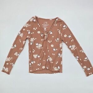 Girls Hello Kitty by Sanrio Brown Floral Ribbed Long Sleeve Tie Top Size Small